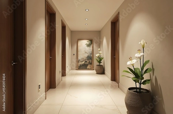 Obraz Spacious condo hallway with minimalist decor and recessed lighting ai generated