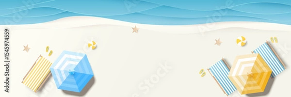 Fototapeta Summer, travel and holiday concept. Aerial view of sunbed, flip flops, beach ball, yellow umbrella on sandy beach with copy space. Summertime background. Top view. Vector illustration
