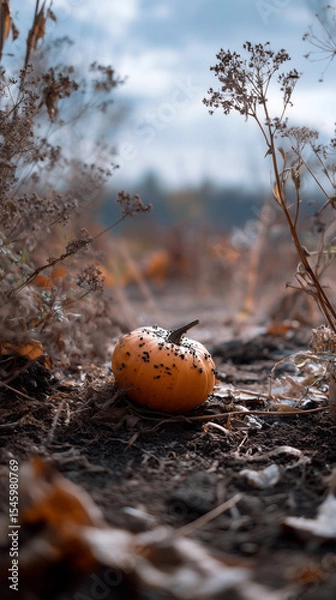 Fototapeta Decomposing Pumpkin in Autumn Field Surrounded by Withered Plants