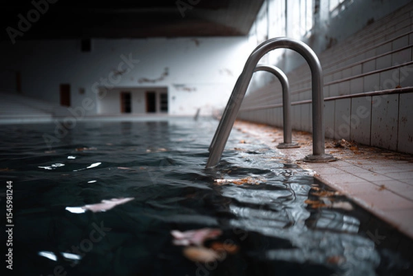 Fototapeta Neglected Pool with Black Water, Mossy Tiles, and Trash