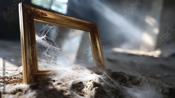 Fototapeta Cracked Mirror in Dusty Attic with Termite-Eaten Frame
