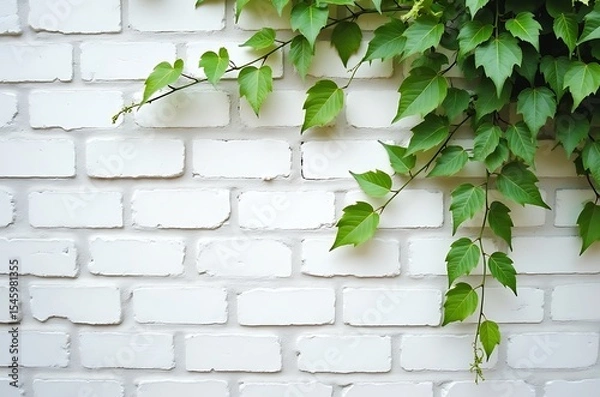 Obraz White Brick Wall with Green Ivy Leaves Background ai generated