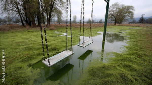 Fototapeta Moss-Covered Playground in Swamp with Rusted Swings