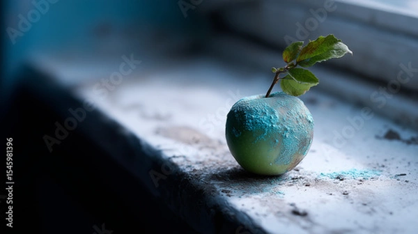 Fototapeta Forgotten Moldy Apple on Dusty Windowsill in Dim Light
