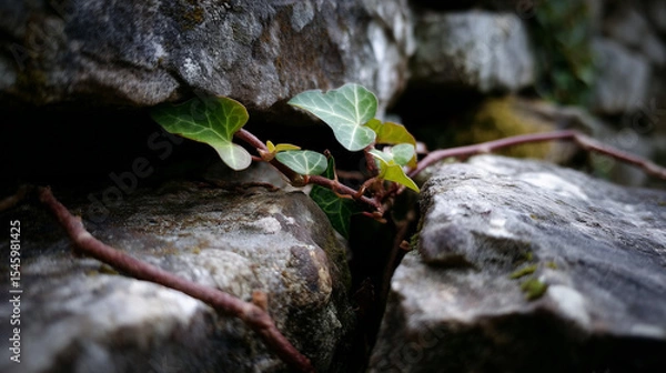 Fototapeta Crumbling Stone Wall with Creeping Ivy and Cracks