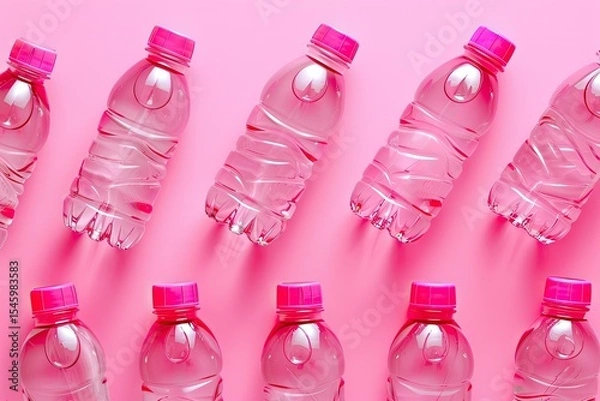 Fototapeta Vibrant Color Image of High Angle Plastic Bottles on Pink Background