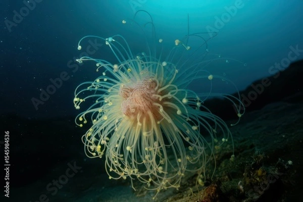 Fototapeta glowing cnidarian tentacle stinging fish in underwater beauty