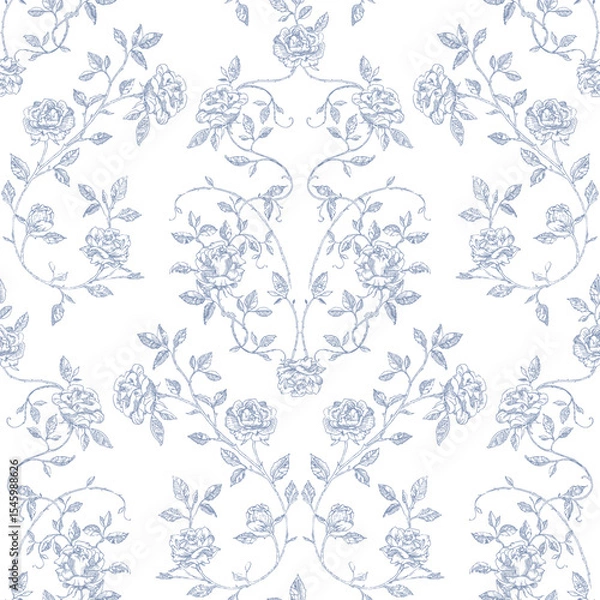 Fototapeta Seamless toile-style pattern with vintage roses and delicate blue vines on  white background.