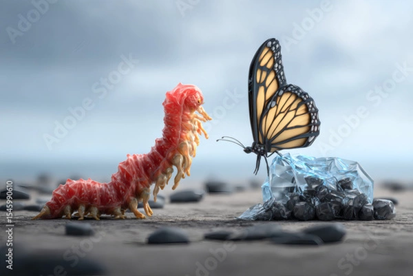 Fototapeta Transformation of caterpillar to butterfly natural environment digital art surreal concept close-up perspective