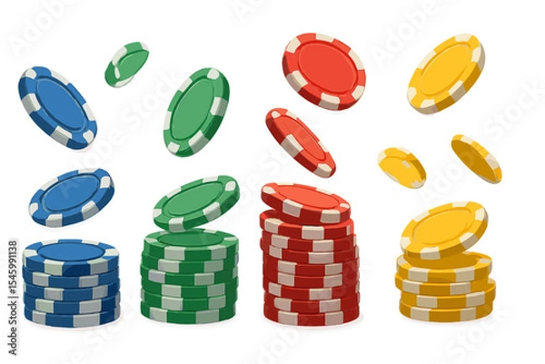 Fototapeta Colorful poker chips stacked in groups and scattered on a white background during a casual game night with friends