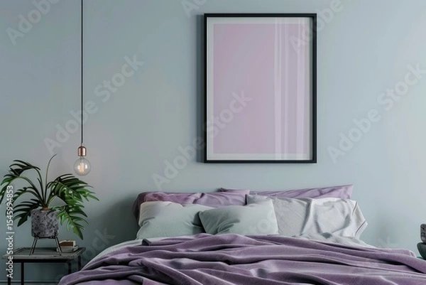 Fototapeta High Resolution Image of Frame Mockup in Bedroom with Purple Blanket