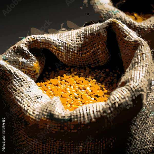 Obraz Yellow Lentils in Burlap Sack on Wooden Background

