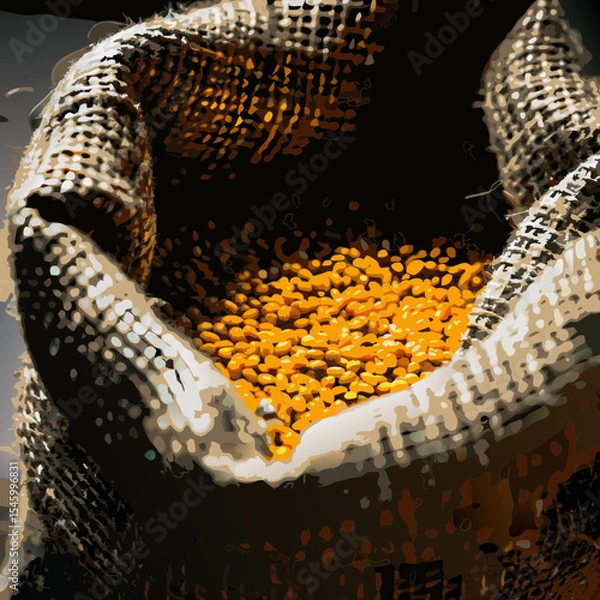Obraz Yellow Lentils in Burlap Sack on Wooden Background

