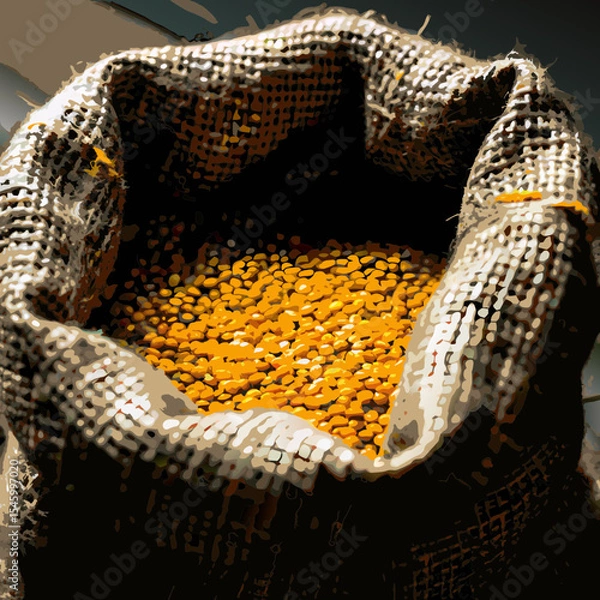 Obraz Yellow Lentils in Burlap Sack on Wooden Background

