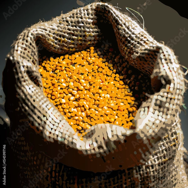 Obraz Yellow Lentils in Burlap Sack on Wooden Background

