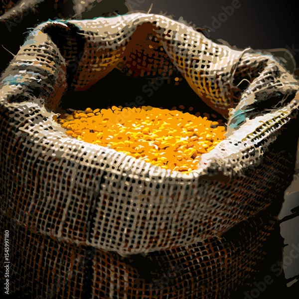 Obraz Yellow Lentils in Burlap Sack on Wooden Background

