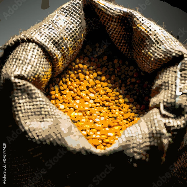 Obraz Yellow Lentils in Burlap Sack on Wooden Background

