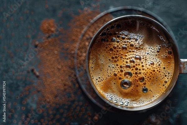Fototapeta clear pixel image of A top-down view of a steaming hot cup of coffee.
