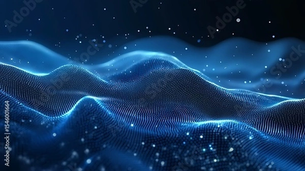 Fototapeta Abstract Blue Energy Wave, Dark Background, Digital Art, Website Banner, Blue waves and starlight intertwining, symbolizing speed and dreams, with a futuristic sense of light effects. 
