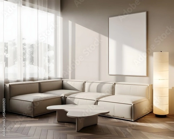 Fototapeta Minimalist living room interior with modular sofa artwork and floor lamp