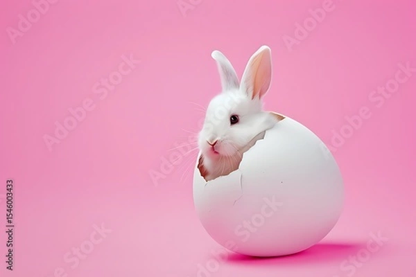 Fototapeta Little rabbit on green grass in summer day, A rabbit is laying in the grass with its ears up. The rabbit is looking at the camera, Easter celebration  background. Bunny and egg for Easter 
