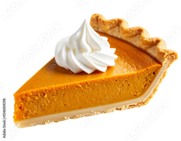 Obraz Side View of Pumpkin Pie Slice with Whipped Cream Topping and Crumbed Edges, Isolated PNG