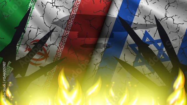 Fototapeta Vector oriental military banner. Bright flame, wavy flags of Iran and Star of David. Cracks and black silhouettes of missiles. Shadow of modern powerful bomber and bomb. Confrontation, crisis