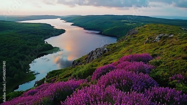 Fototapeta Serene lake nestled in a verdant valley surrounded by lush green hills and vibrant purple heather