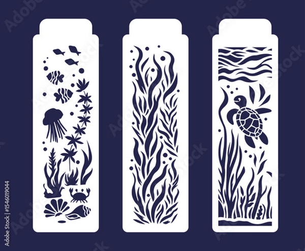 Fototapeta Bookmarks, vertical panels with cut-out algae, sea creatures and a turtle
