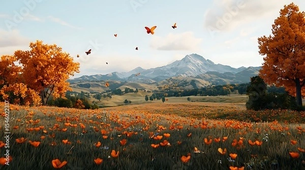 Obraz Autumnal landscape Orange wildflowers autumn trees and snow capped mountains Butterflies fly across a field