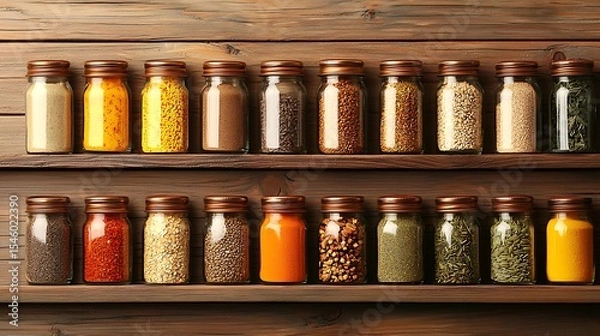 Obraz Collection of various spices and herbs in glass jars on wooden shelves