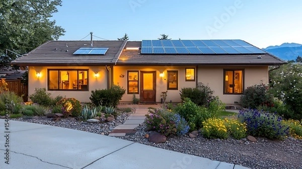 Obraz Ranch style house with solar panels illuminated windows and landscaped garden at dusk