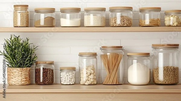 Obraz Glass Jars with Various Dry Goods on Wooden Shelves A rosemary plant in a woven basket is also visible