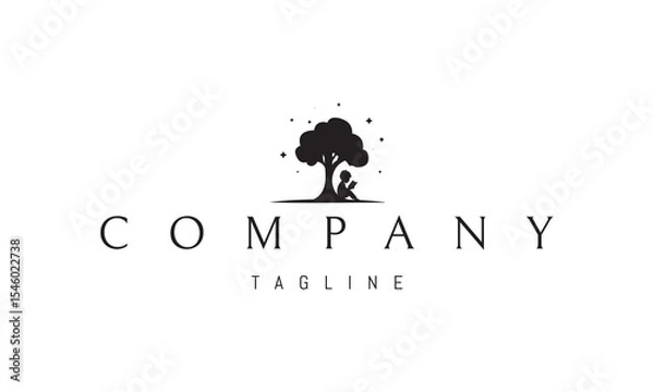 Fototapeta Vector logo with an abstract image of a child reading a book under a tree.
