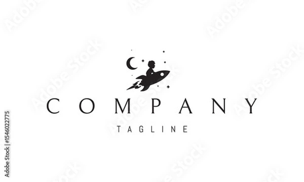 Fototapeta Vector logo with an abstract image of a child flying on a rocket against the background of stars in a dream.