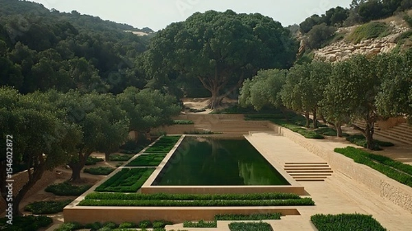 Obraz Tranquil garden landscape featuring a rectangular pool tiered stone pathways and lush green hedges and olive trees