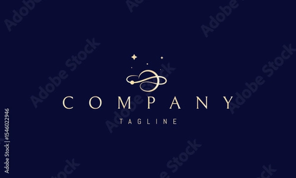Fototapeta Vector golden logo with an abstract image of a planet with a single line orbit.