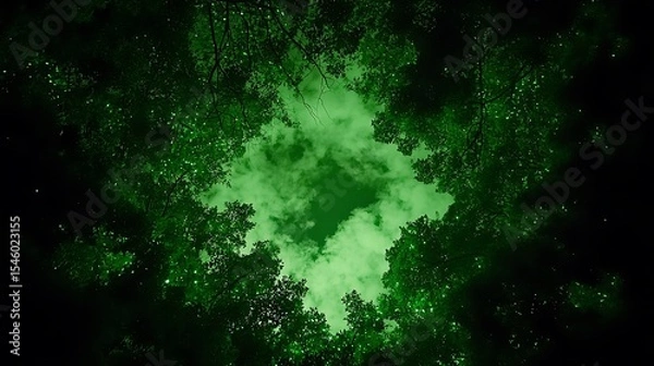 Obraz Night sky view through lush green trees illuminated clouds and foliage