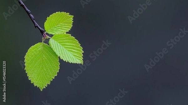 Obraz Three vibrant green leaves on a dark branch Close up of fresh spring foliage