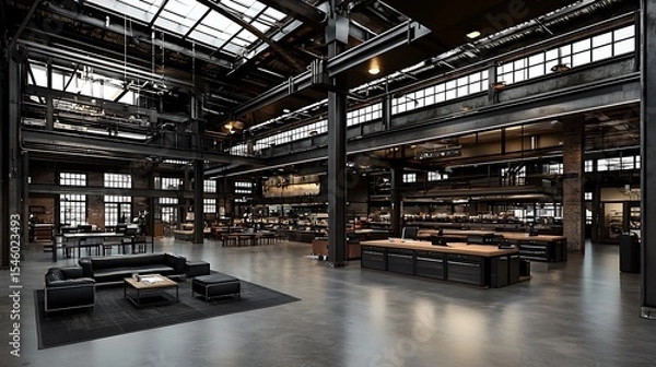 Obraz Industrial Loft Interior Open plan space with exposed metal beams large windows and modern furniture