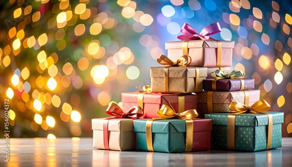 Fototapeta birthday gift boxes with colorful wrapping and ribbons stacked in front of blurred lights 