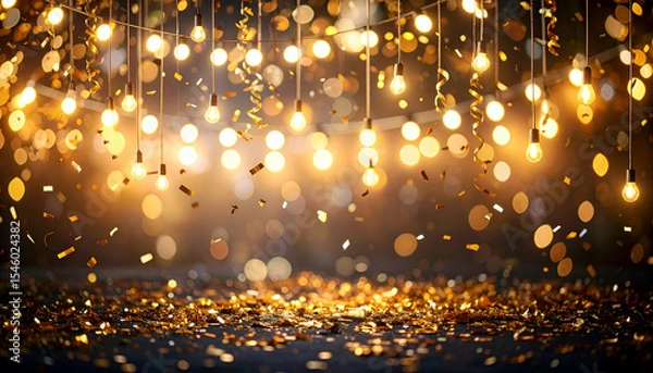 Fototapeta birthday party background with string lights, hanging decorations, confetti explosion