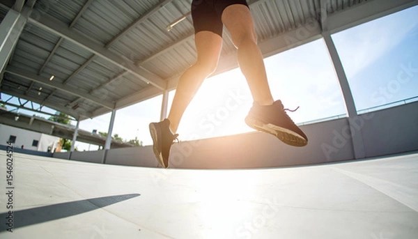 Fototapeta fisheye view from below of parkour athlete jumping overhead, feet in focus
