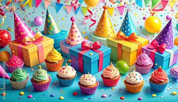 Fototapeta fun party background with gifts, streamers, cupcakes and party hats scattered randomly