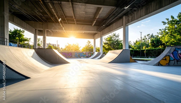 Fototapeta low angle view of custom-built parkour park with concrete features, graffiti walls, and soft evening glow 