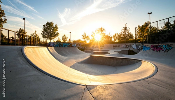 Fototapeta low angle view of custom-built parkour park with concrete features, graffiti walls, and soft evening glow 