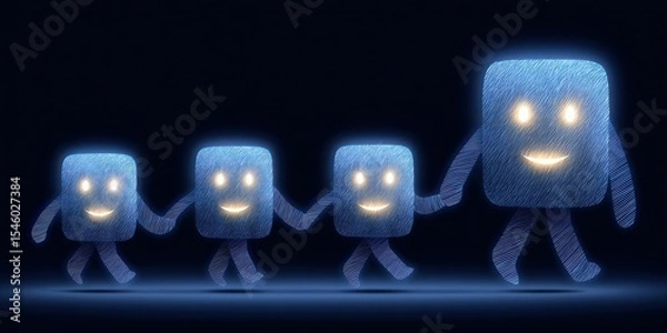 Fototapeta Friendly glowing square characters holding hands in a joyful digital world, representing unity and positivity through vibrant technology expressions in a minimalist setting