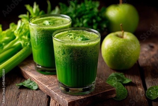 Fototapeta Two glasses of vibrant green juice sit on a wooden surface, surrounded by fresh celery, spinach, and green apples. The setting gives a natural and healthy vibe, perfect for rejuvenation
