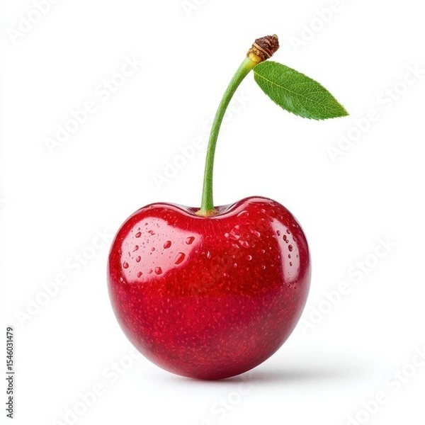 Fototapeta Fresh Red Cherry with Green Stem Isolated on White Background - Summer Fruits & Food Concept
