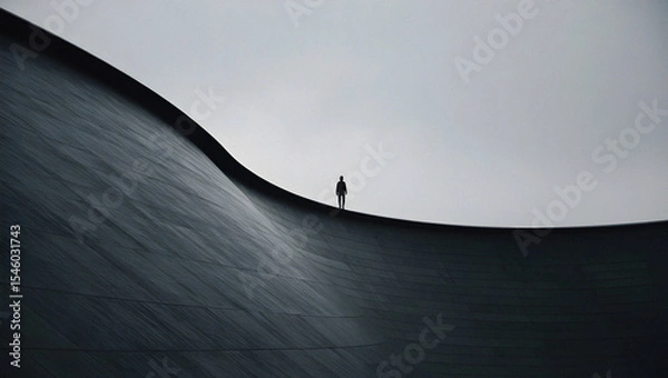Fototapeta A solitary figure standing atop a curved architectural structure silhouetted against a cloudy sky